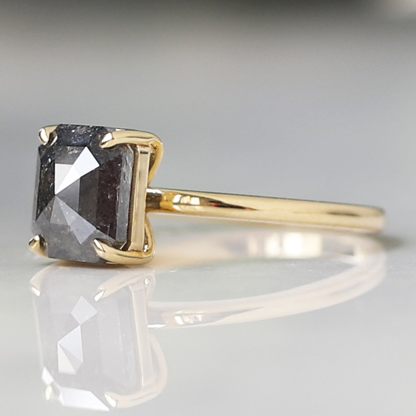 emerald cut salt and pepper diamond ring