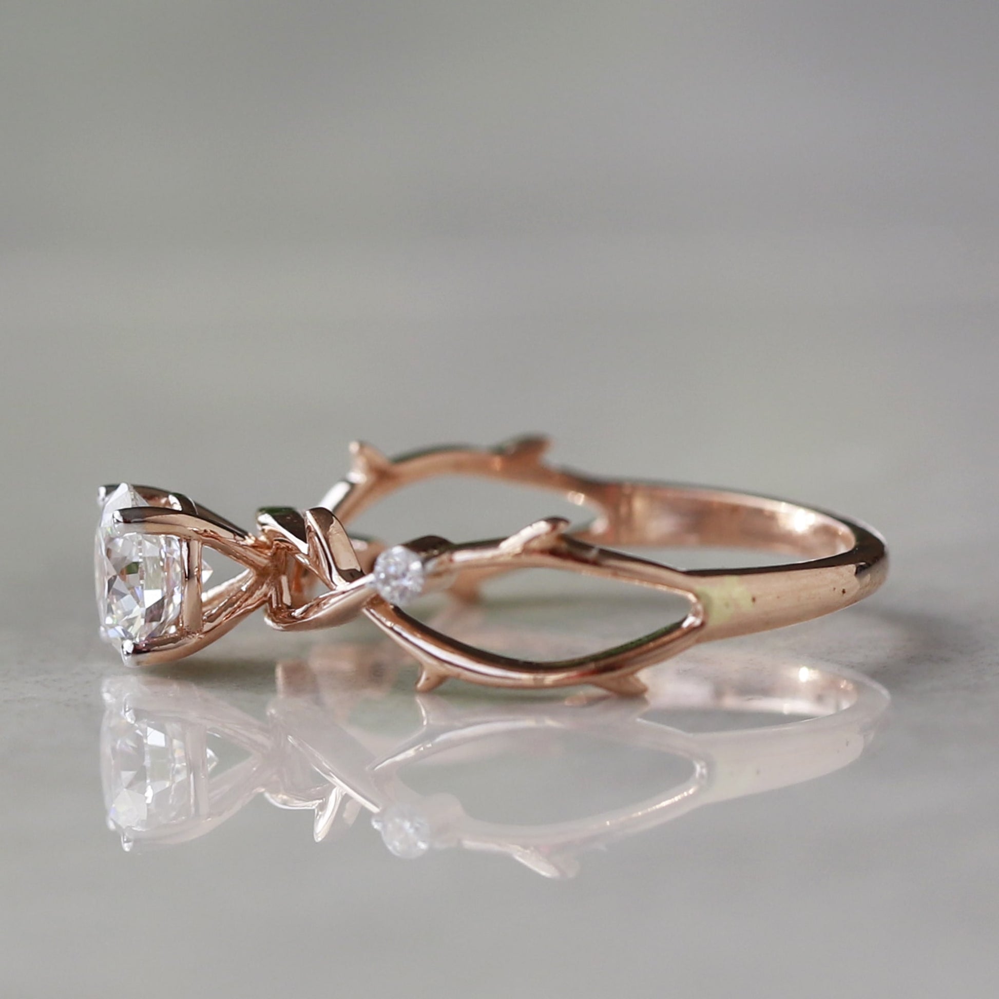 Handcrafted Nature Themed Engagement Ring with Lab Grown Diamond