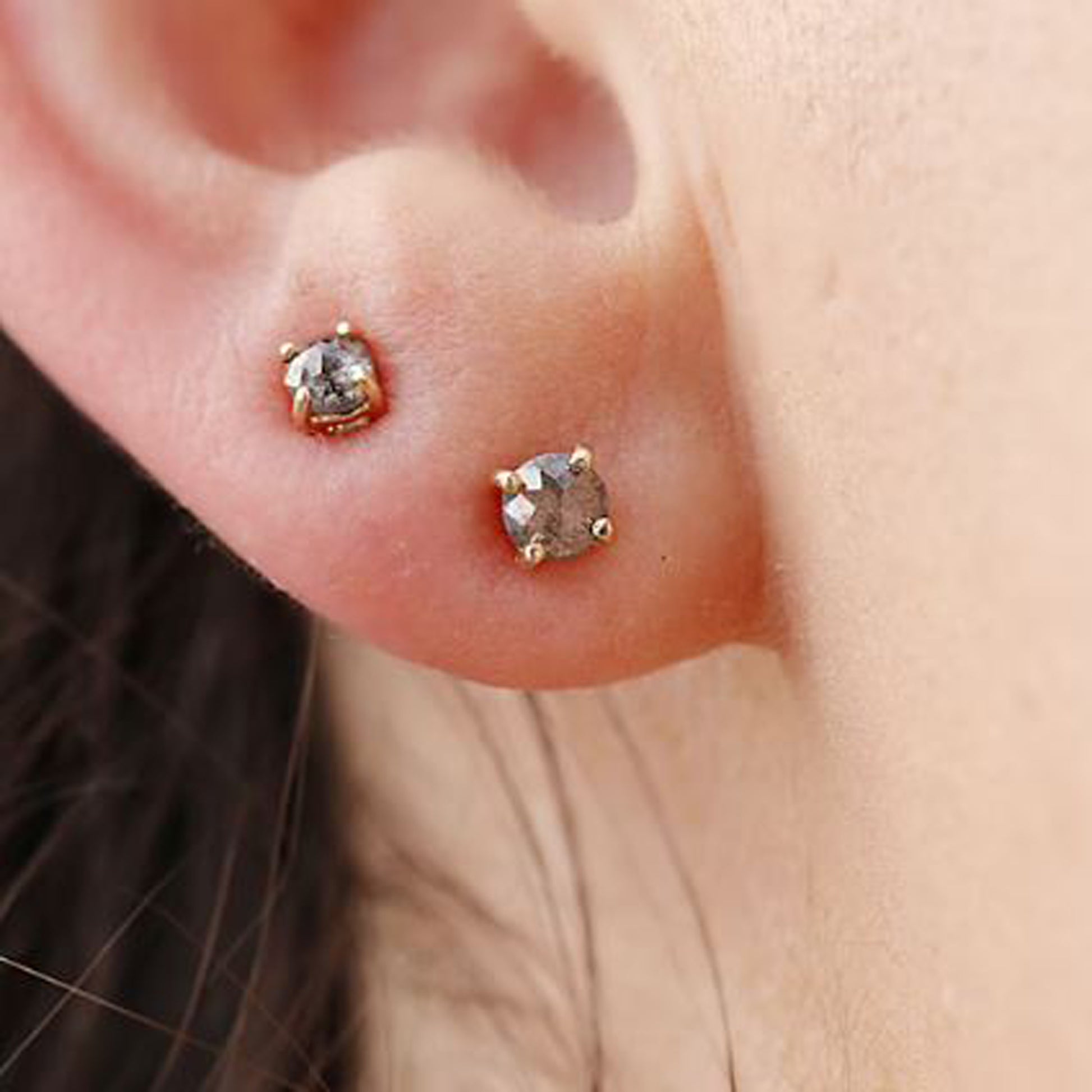 salt and pepper round rose cut diamond stud