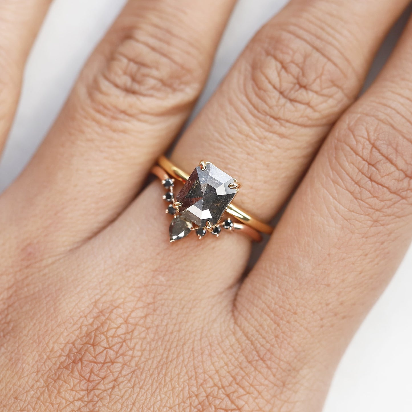 emerald cut salt and pepper diamond ring