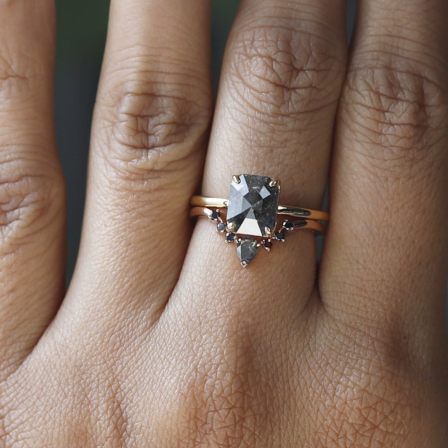 emerald cut salt and pepper diamond ring