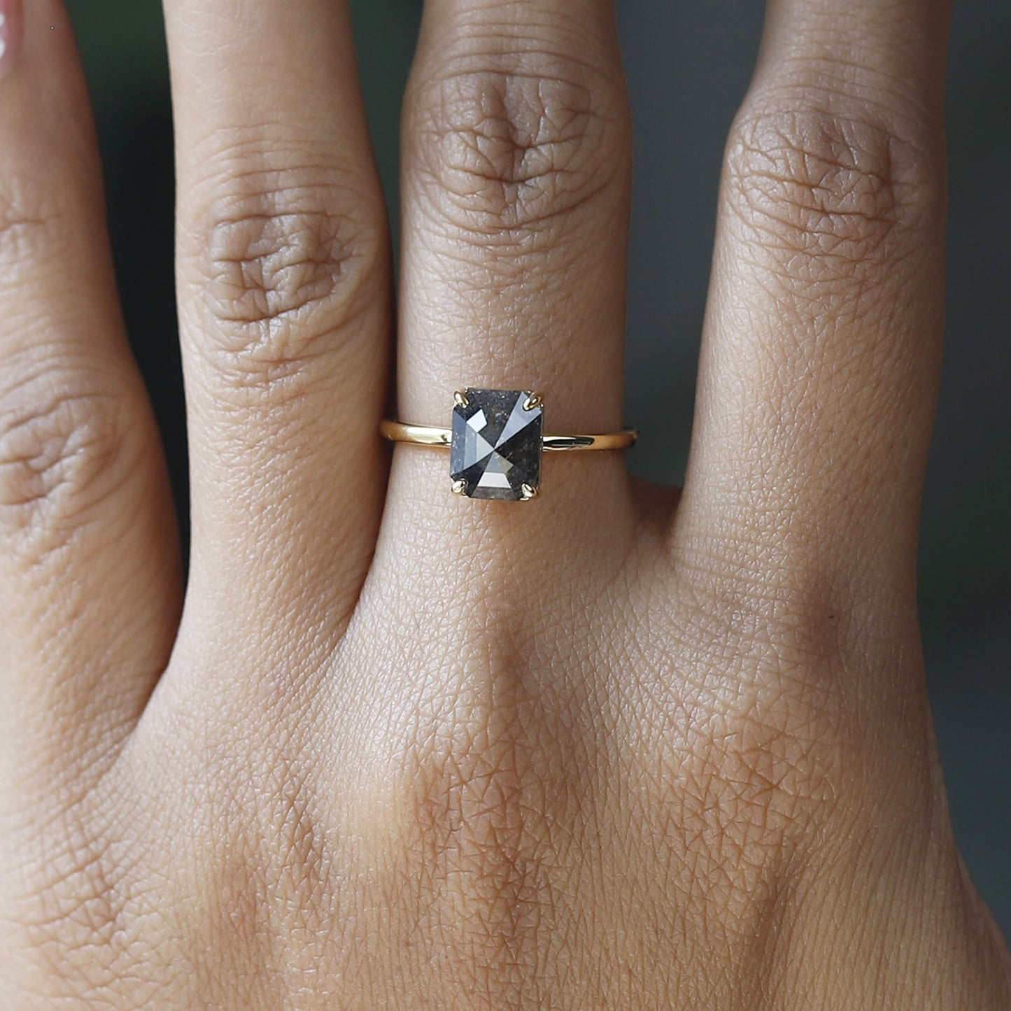 emerald cut salt and pepper diamond ring