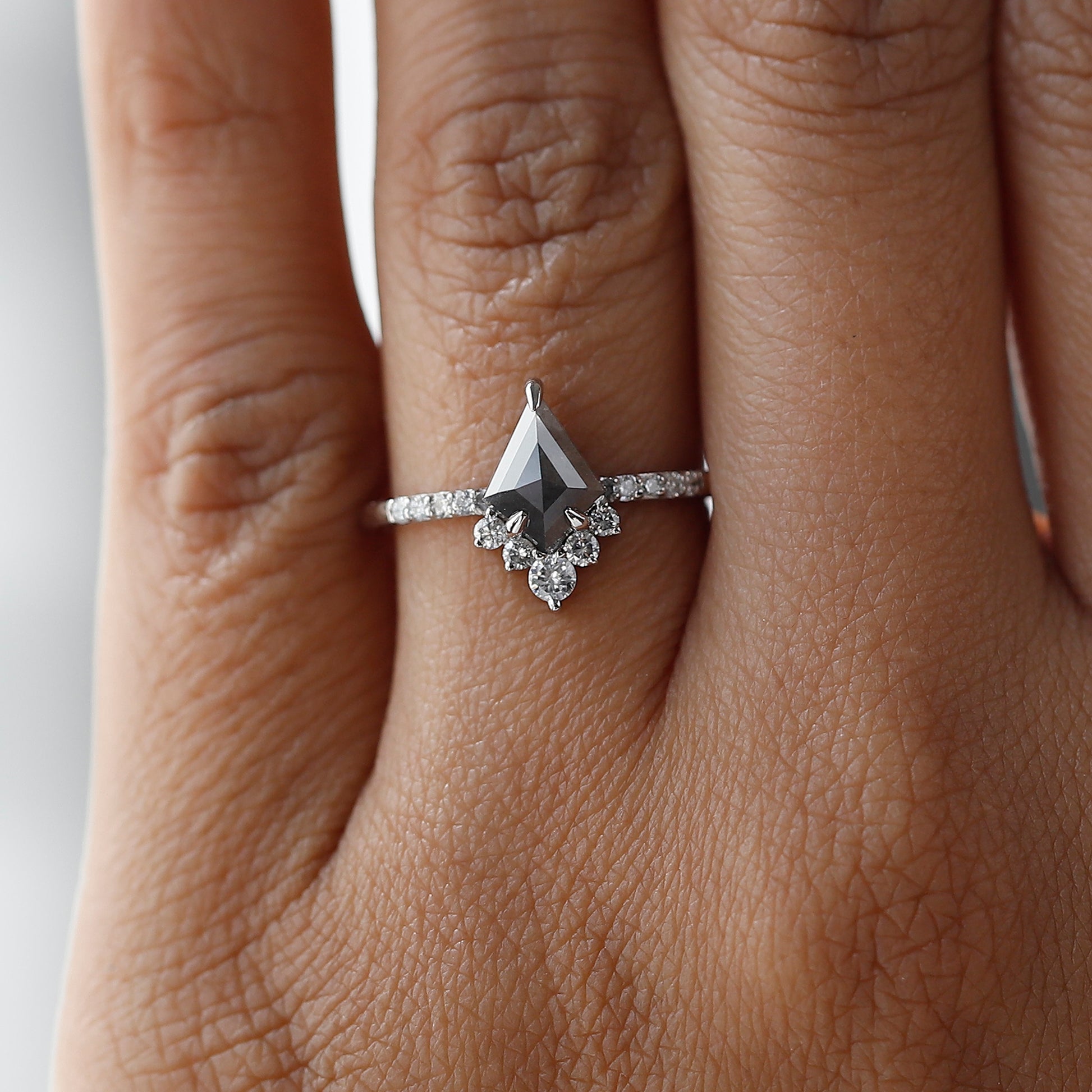 Salt & Pepper Diamond Kite shaped Engagement ring on hand