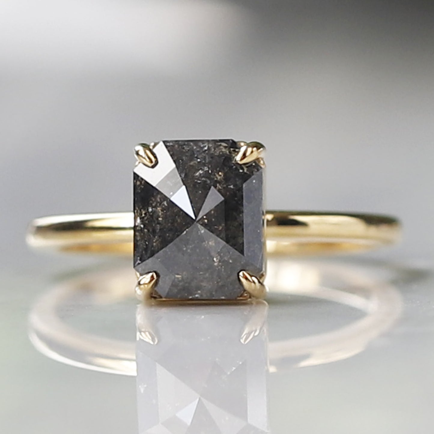 emerald cut salt and pepper diamond ring