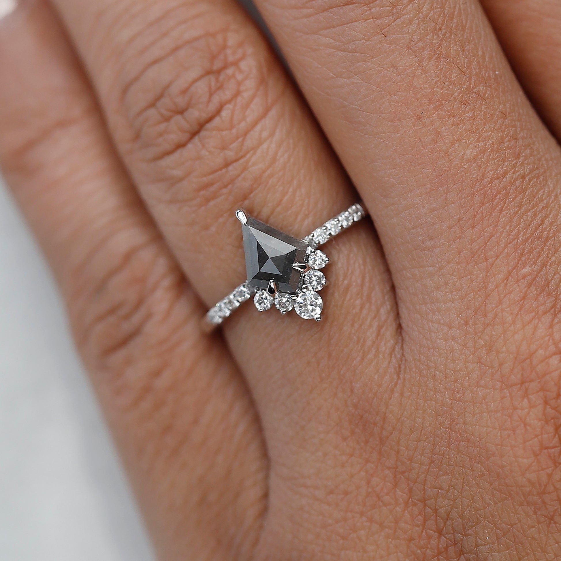 Salt & Pepper Diamond Kite Engagement ring on hand