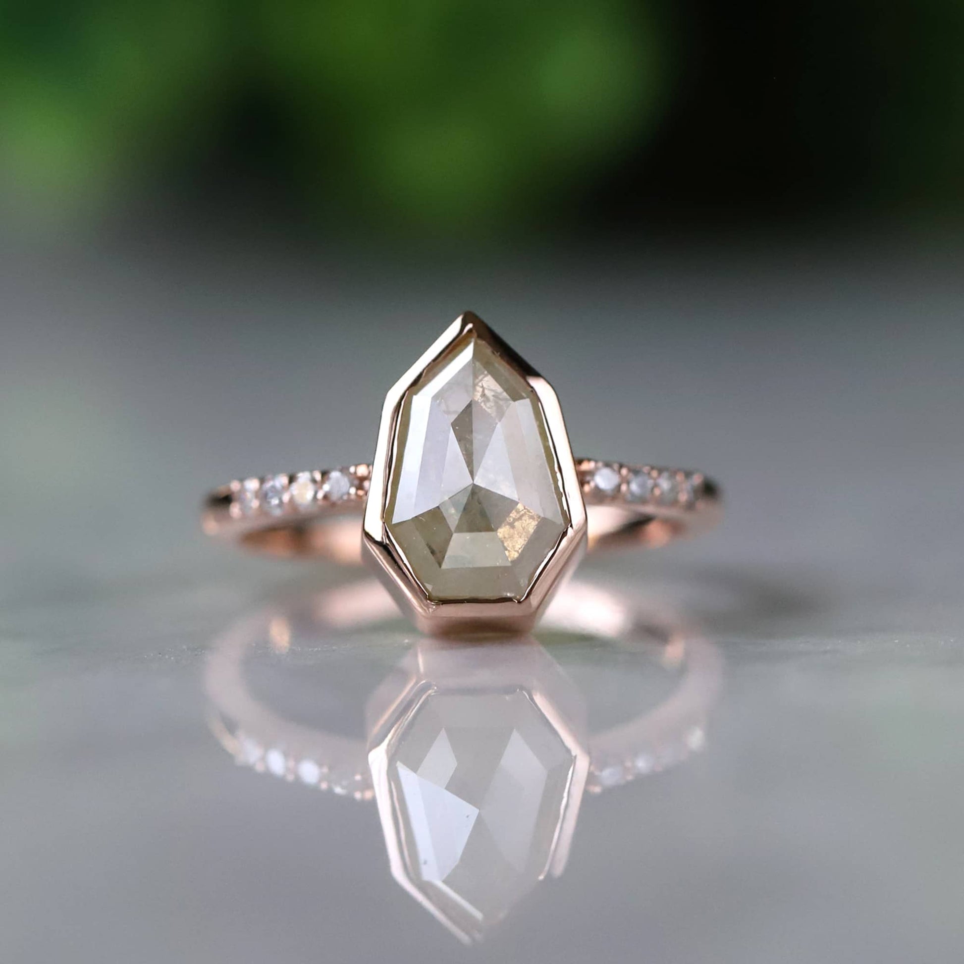 Handcrafted Shield Cut Salt and Pepper Diamond Ring in Custom Design