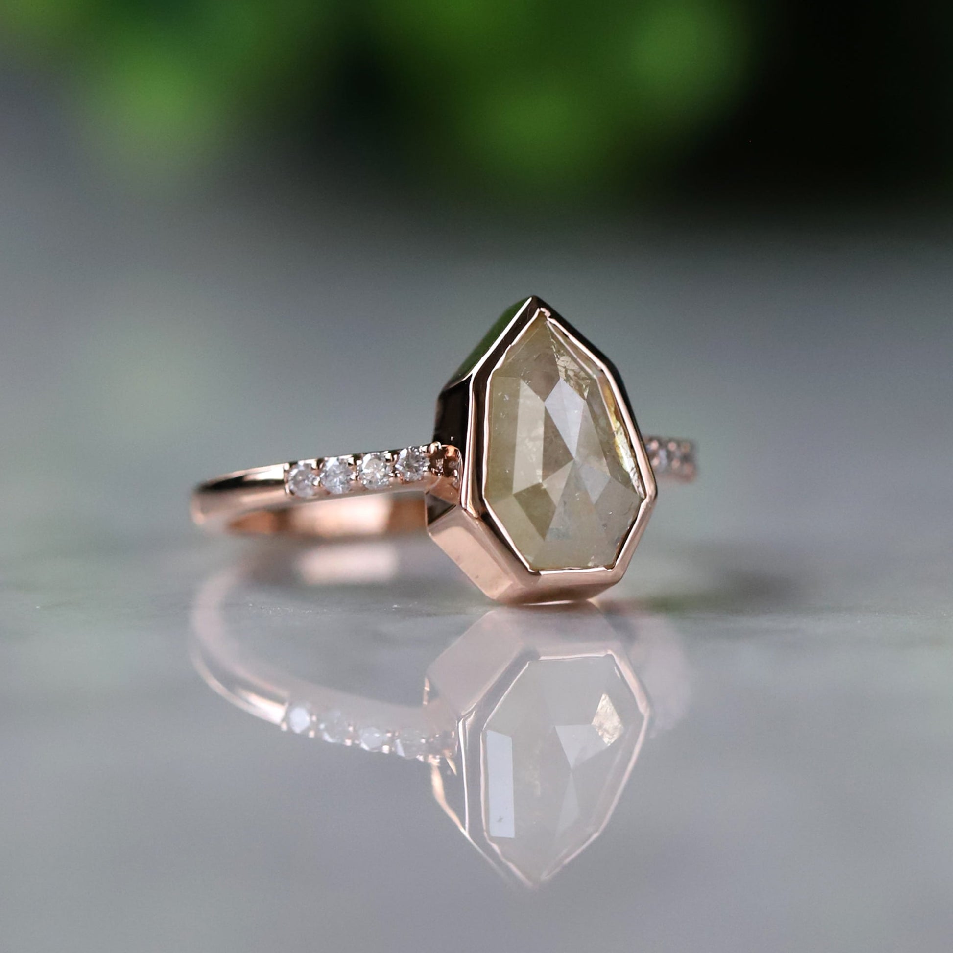 Shield Cut Salt and Pepper Diamond Ring with Smoky Sparkle