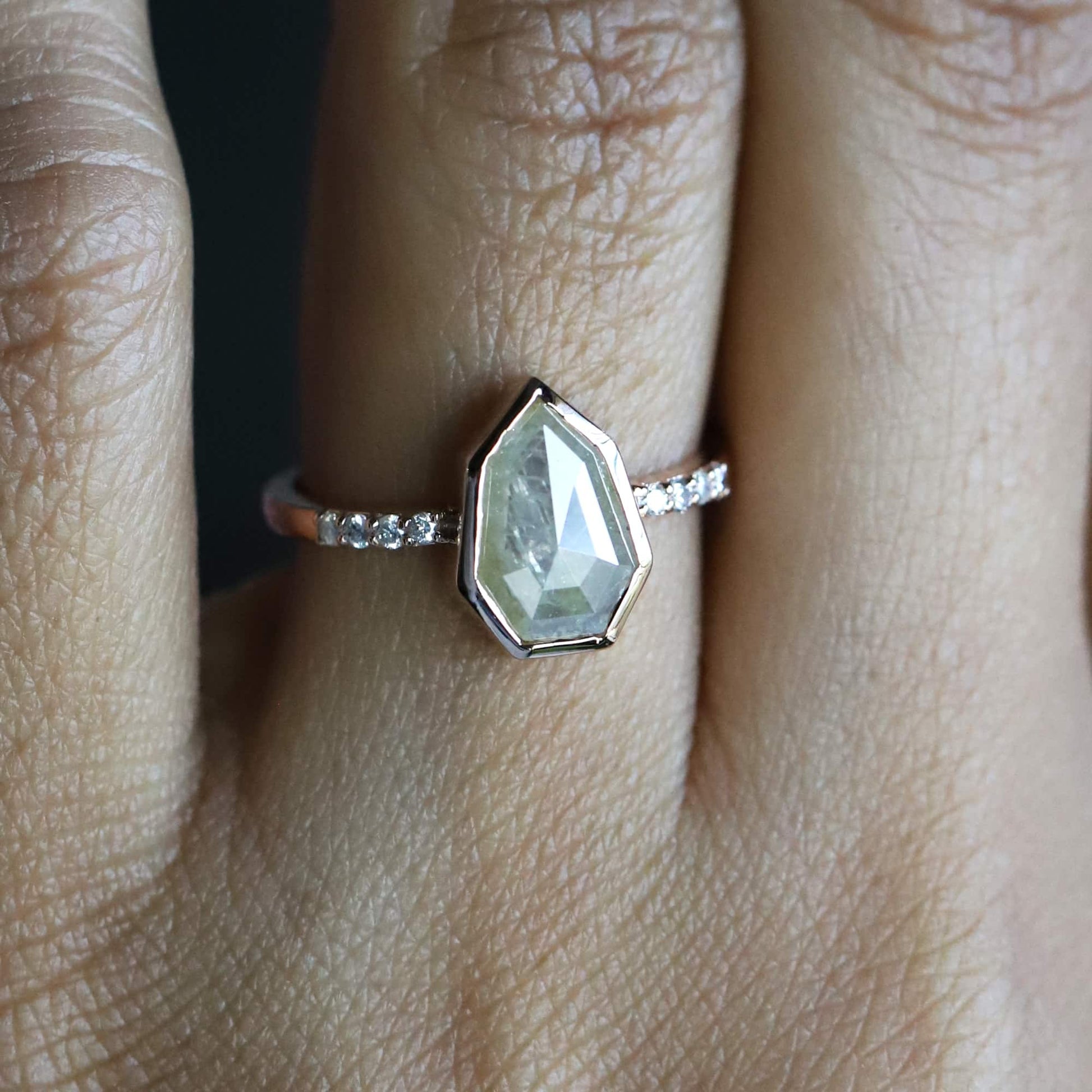 Gorgeous Shield Cut Salt and Pepper Diamond Ring with Unique Inclusions