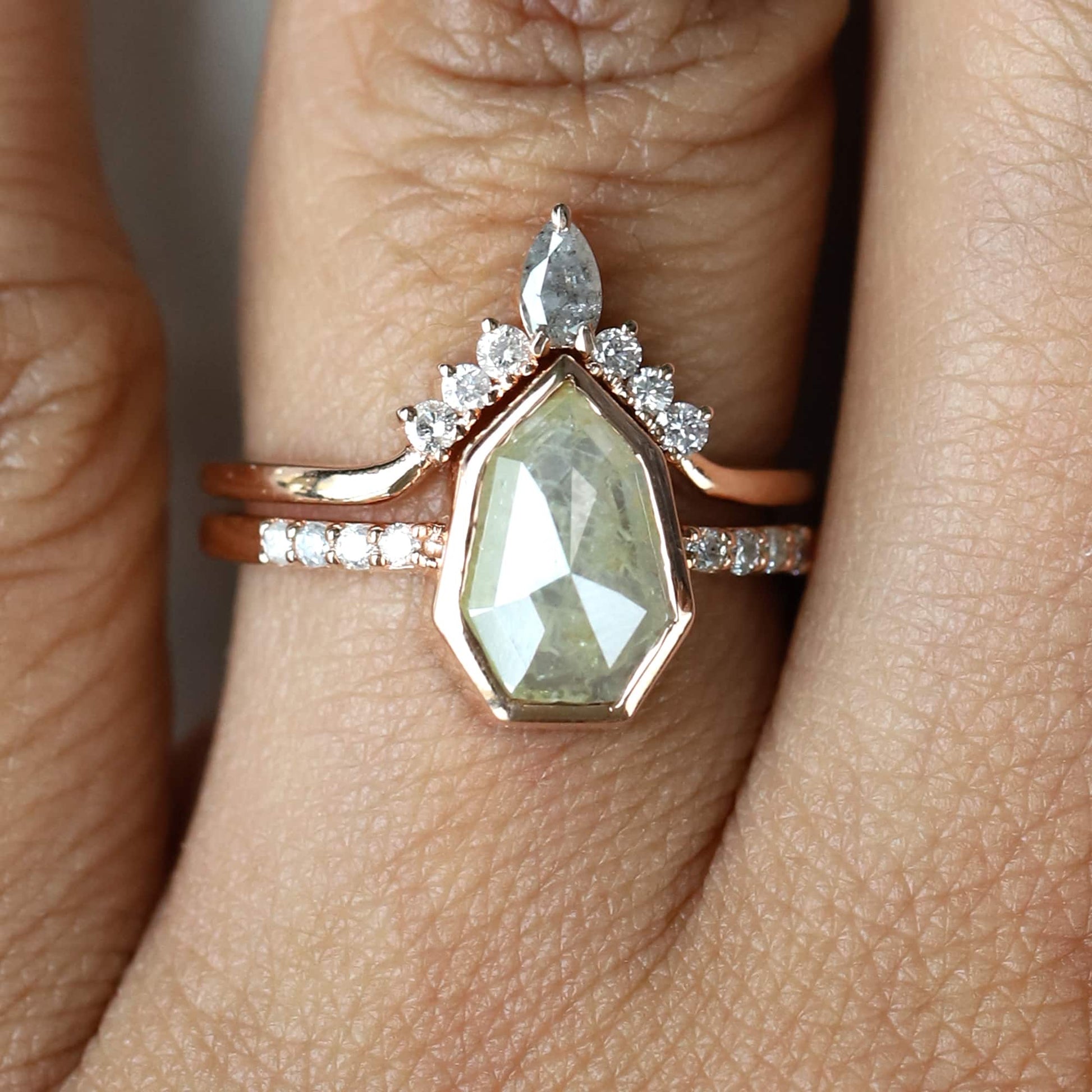 Stunning Shield Cut Salt and Pepper Diamond Engagement Ring