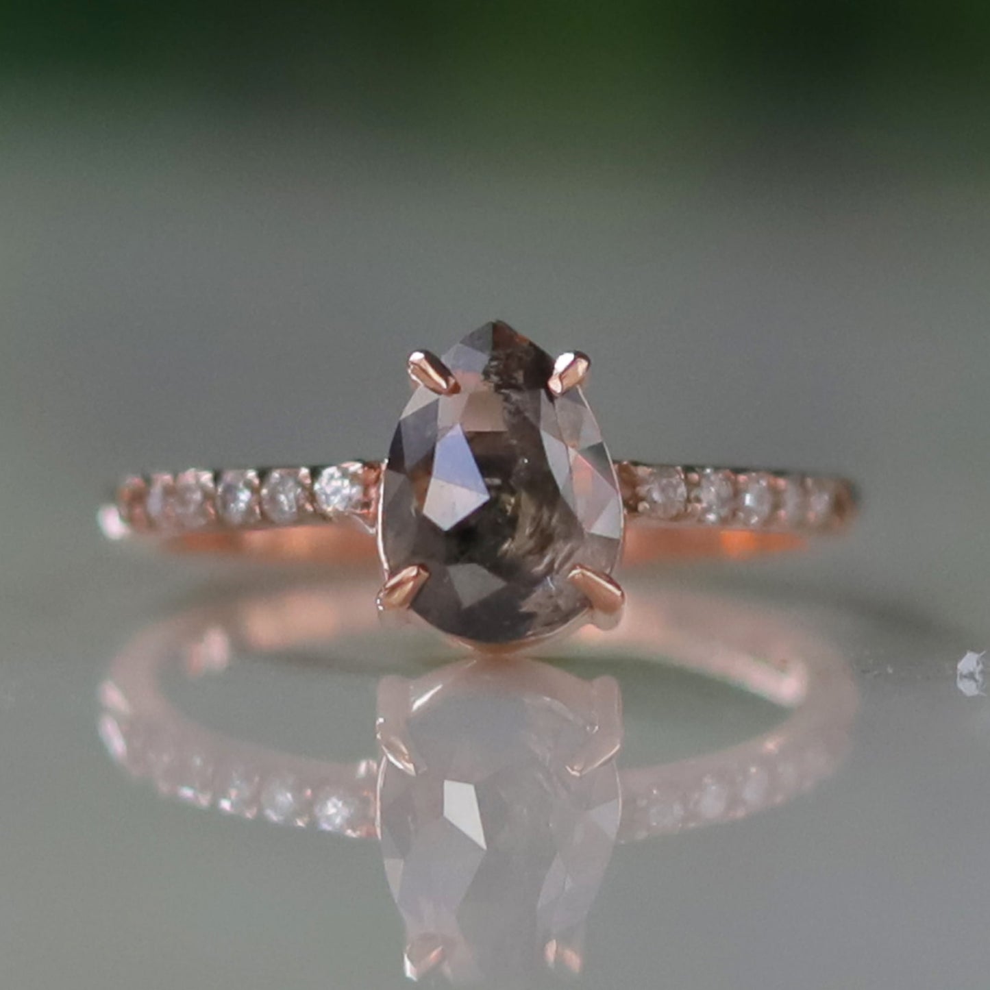 salt and pepper pear engagement ring