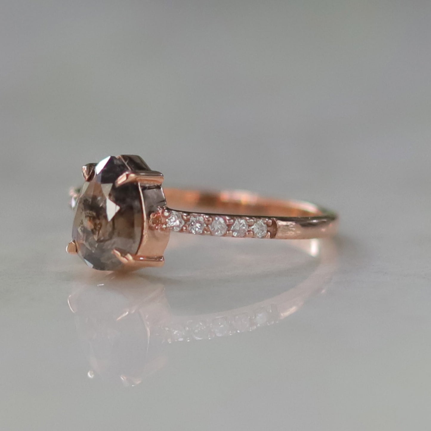 salt and pepper pear engagement ring
