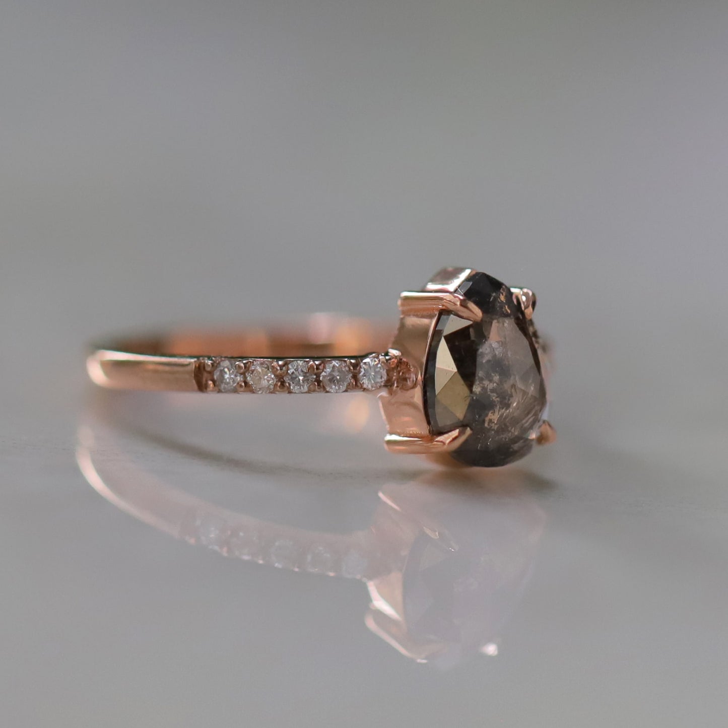 salt and pepper pear engagement ring