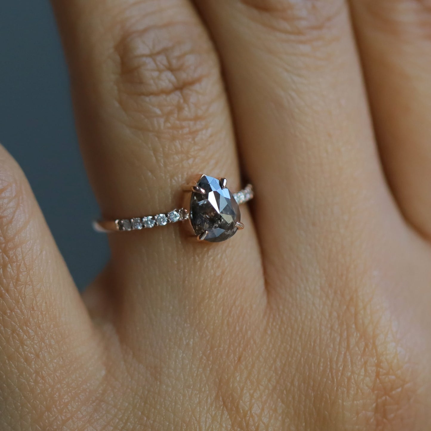 salt and pepper pear engagement ring