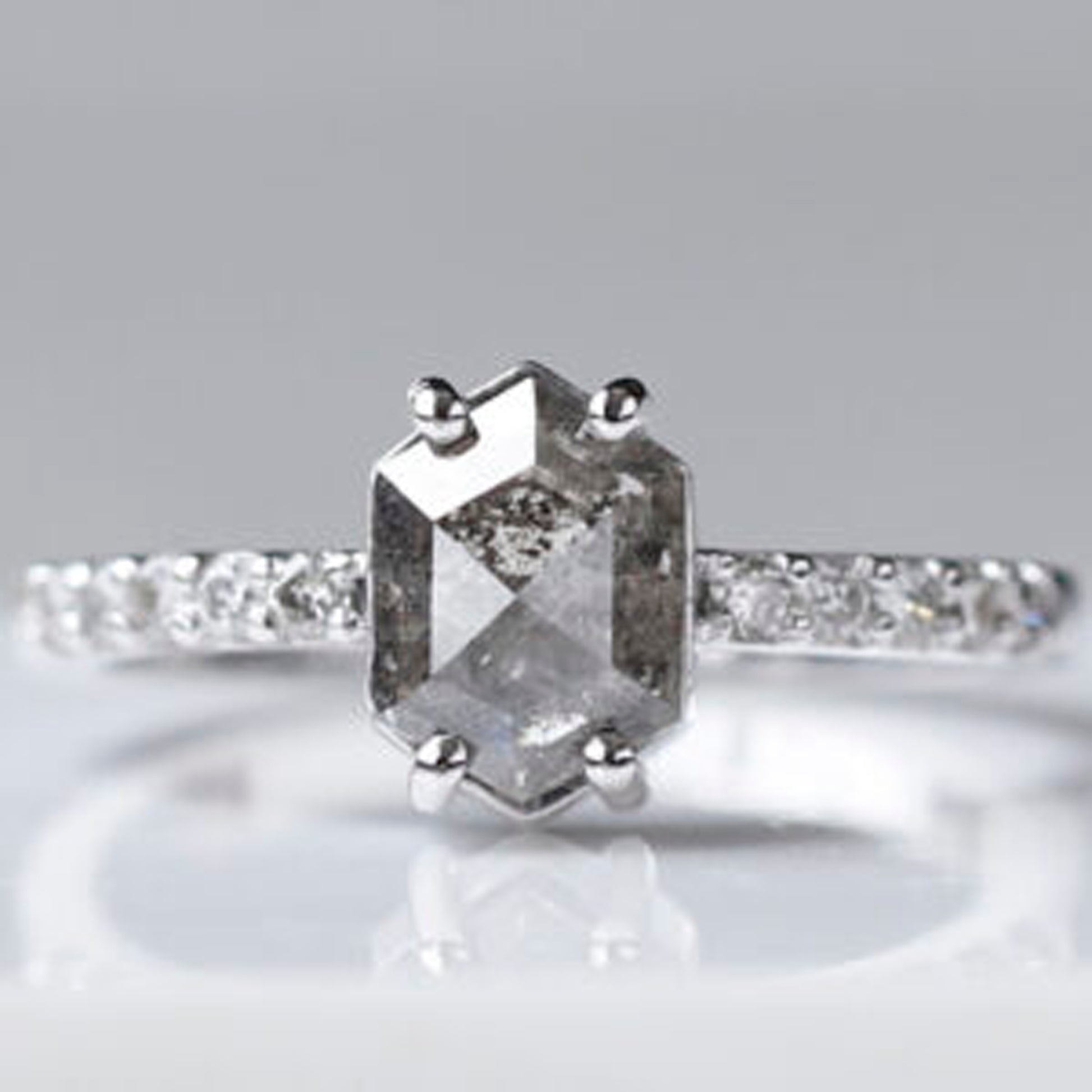 salt and pepper hexagon engagement ring