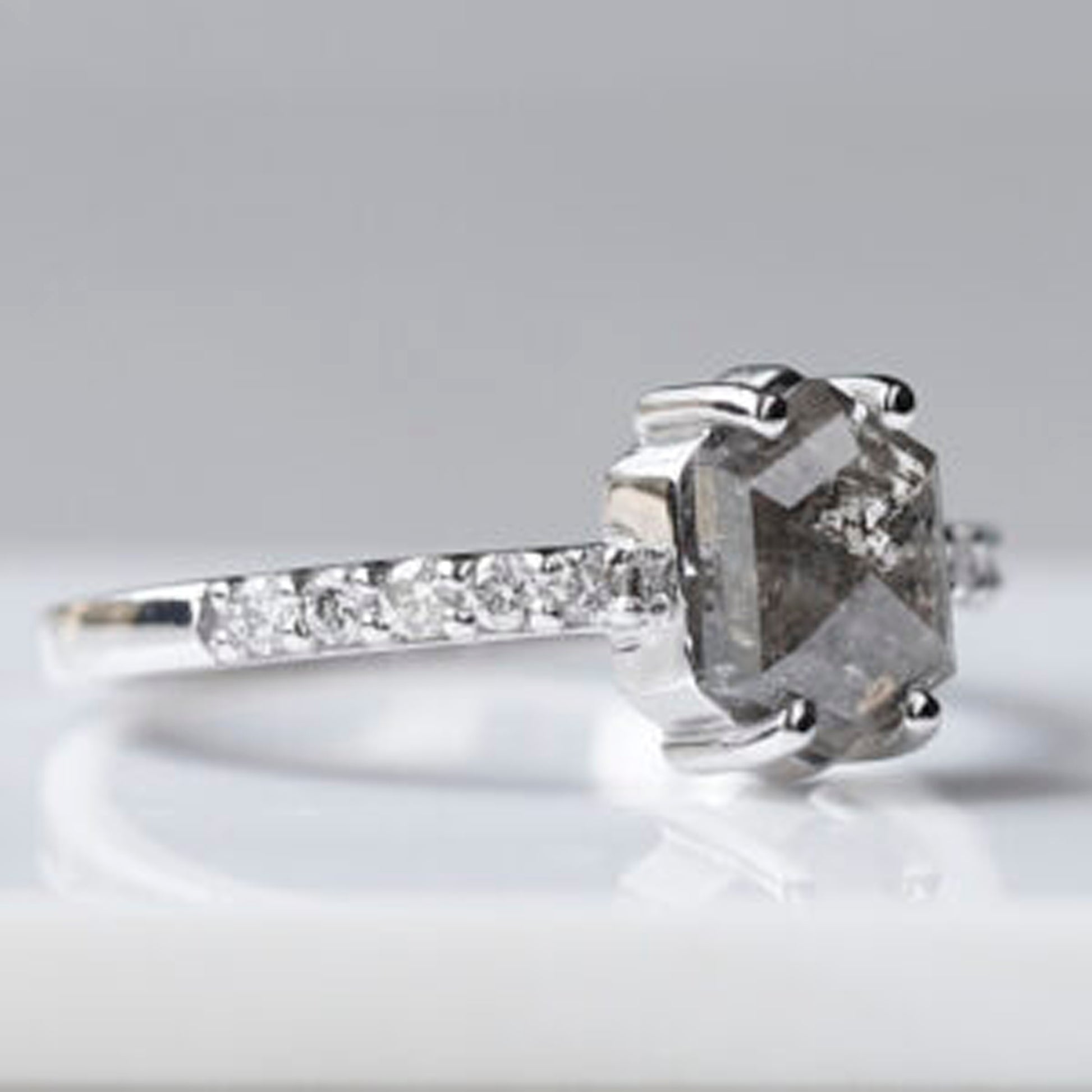 Beautiful salt and pepper hexagon engagement ring for timeless love