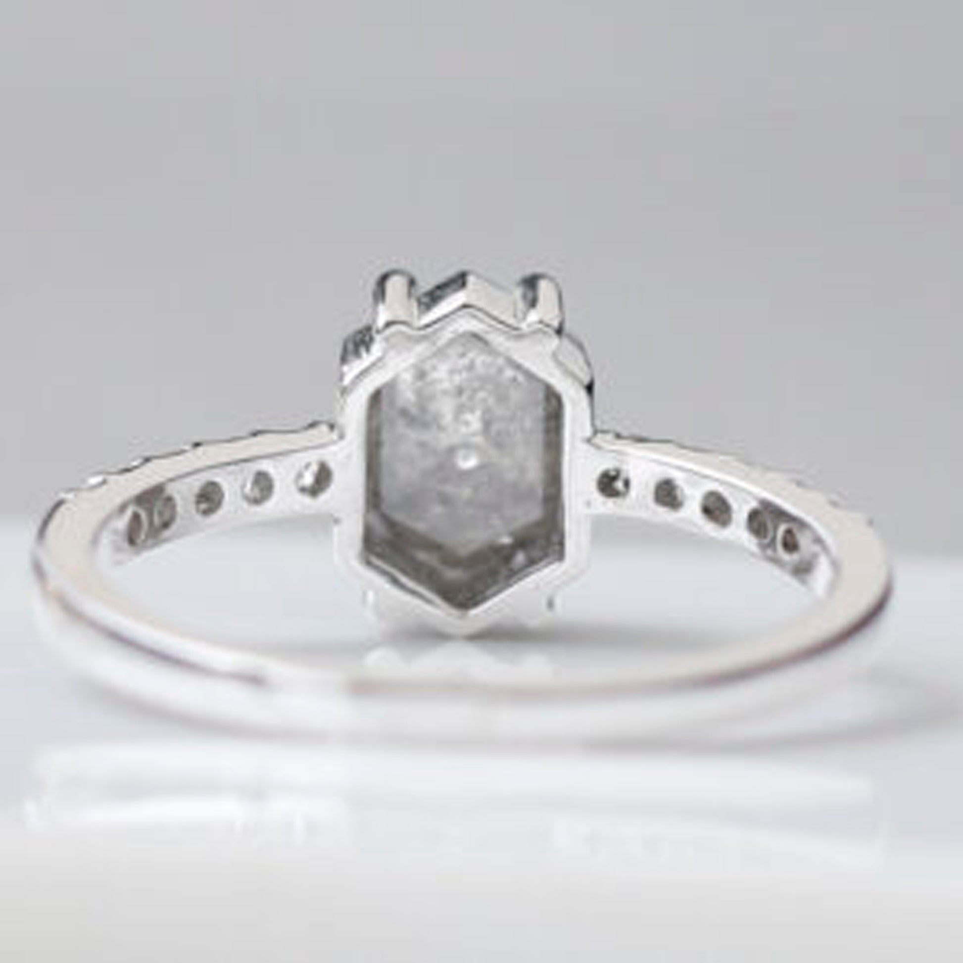 Dazzling salt and pepper hexagon engagement ring with vintage appeal