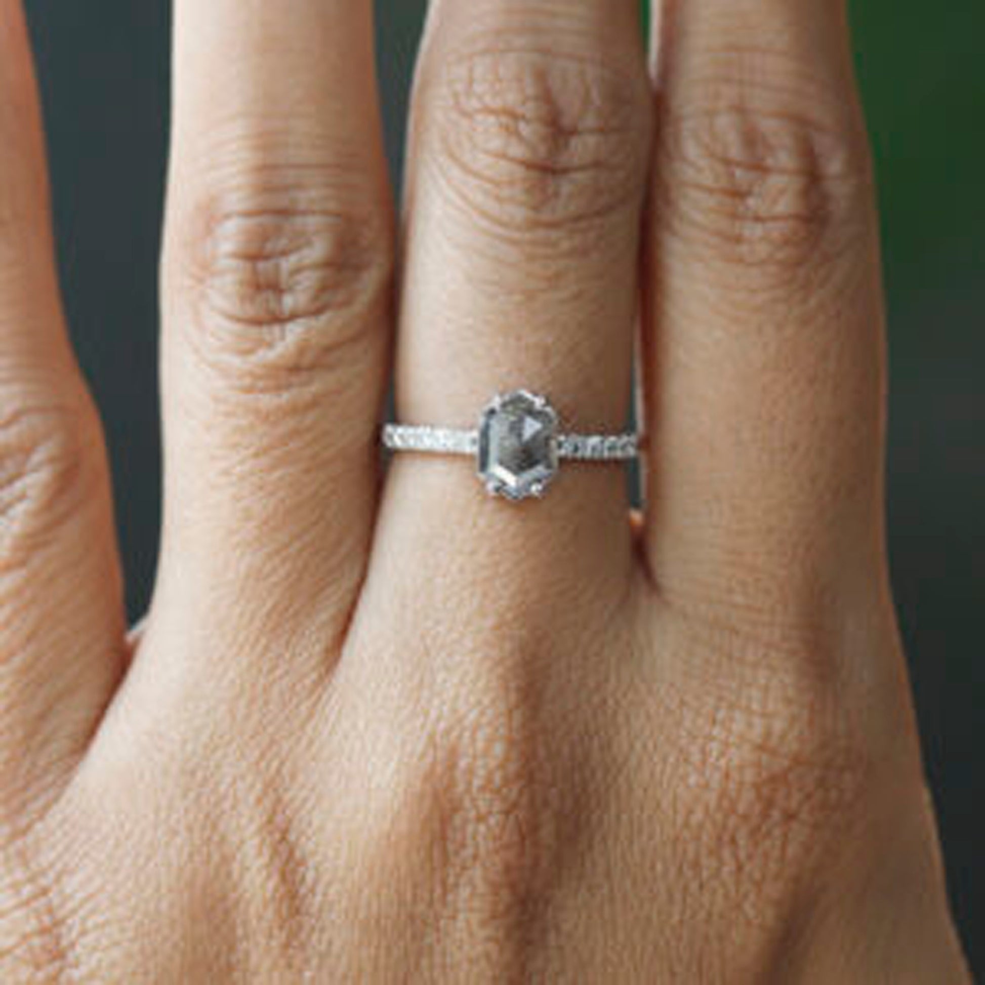 Salt and pepper hexagon engagement ring with 1.13 CT diamond