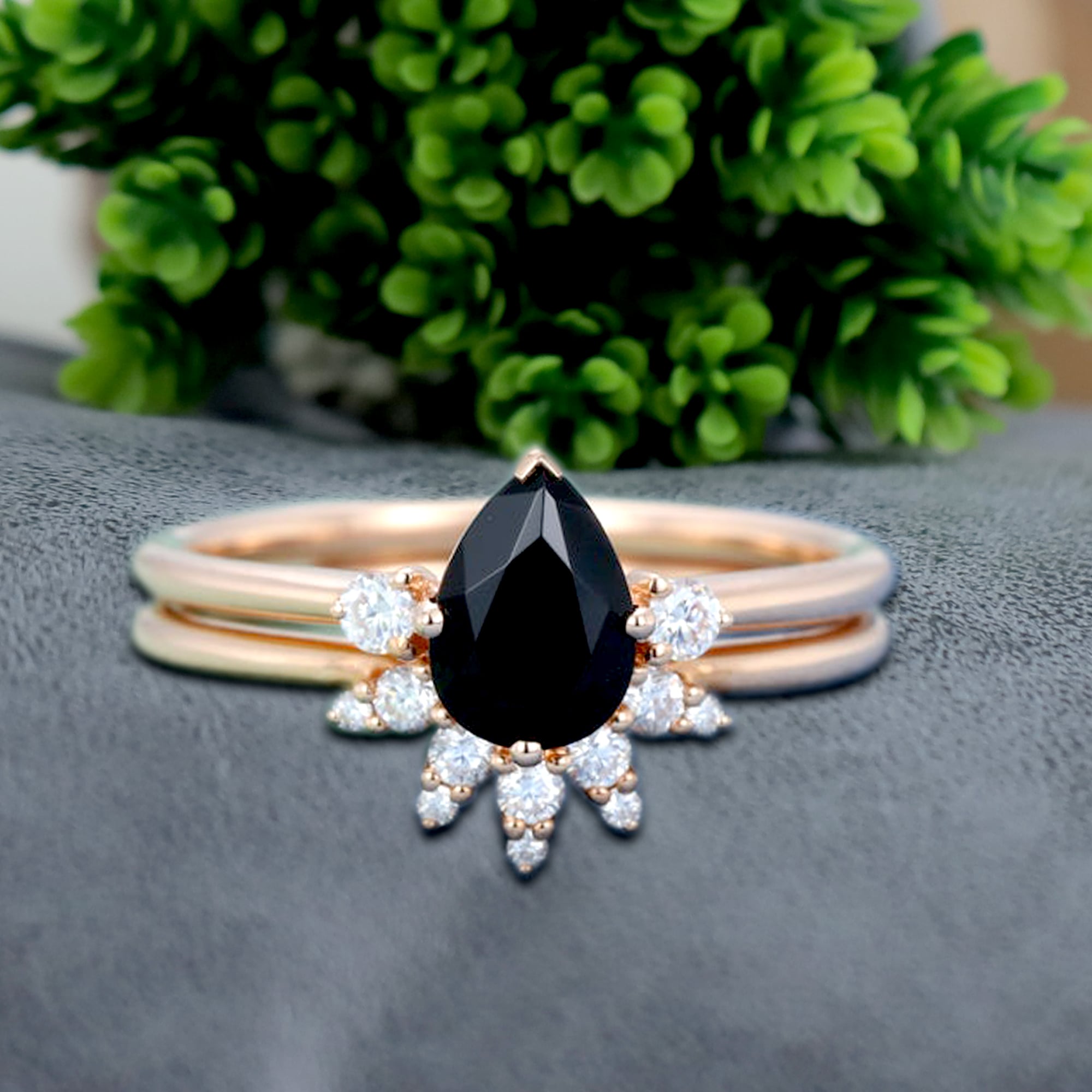 Teardrop shops Black Onyx Bridal Ring Set- Pear Black Diamond Alternative Engagement 2 Ring Set- Black Halo Ring with Wedding Band