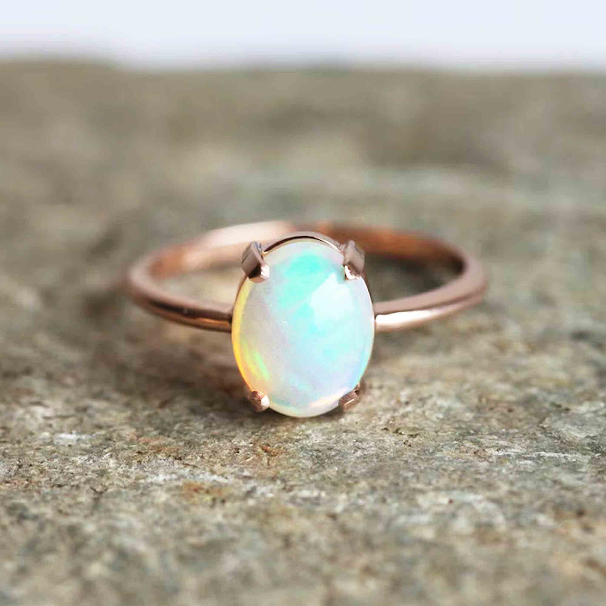 14 K Gold Oval Opal Engagement Ring For Her Rustic and Gold