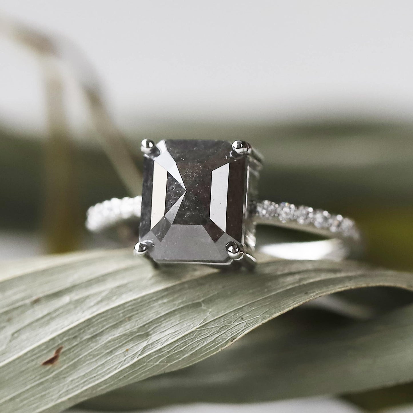 emerald cut salt and pepper diamond ring