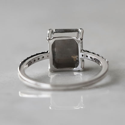 emerald cut salt and pepper diamond ring