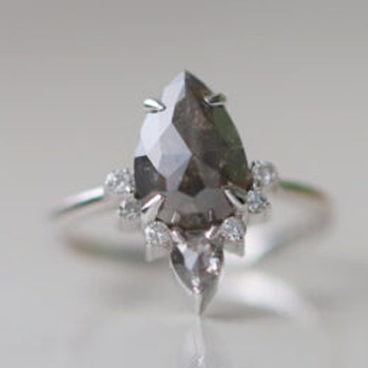 salt and pepper pear engagement ring