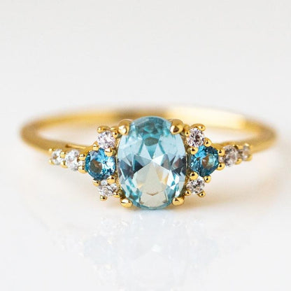 8 MM Swiss Blue Topaz with Round Brilliant Cut Natural Diamond Engagement Ring