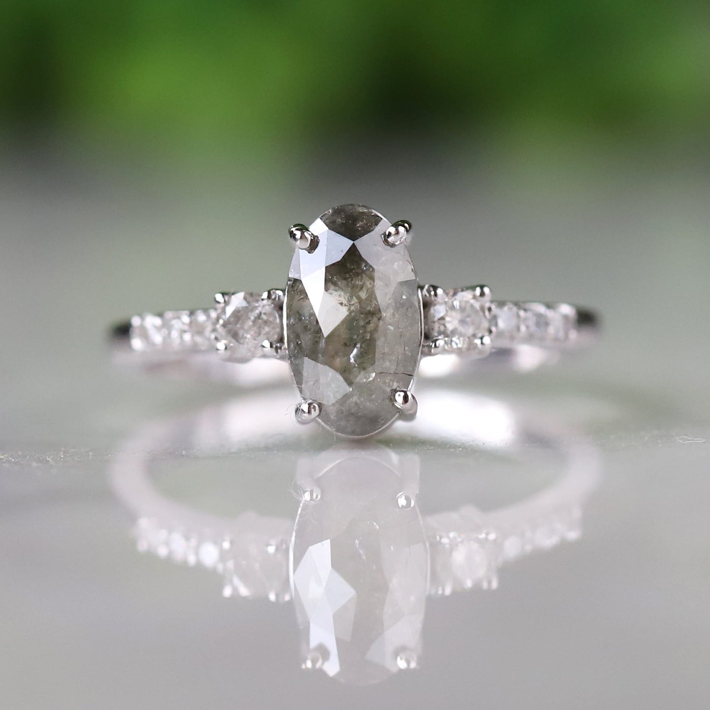 Salt and Pepper Oval Diamond Ring