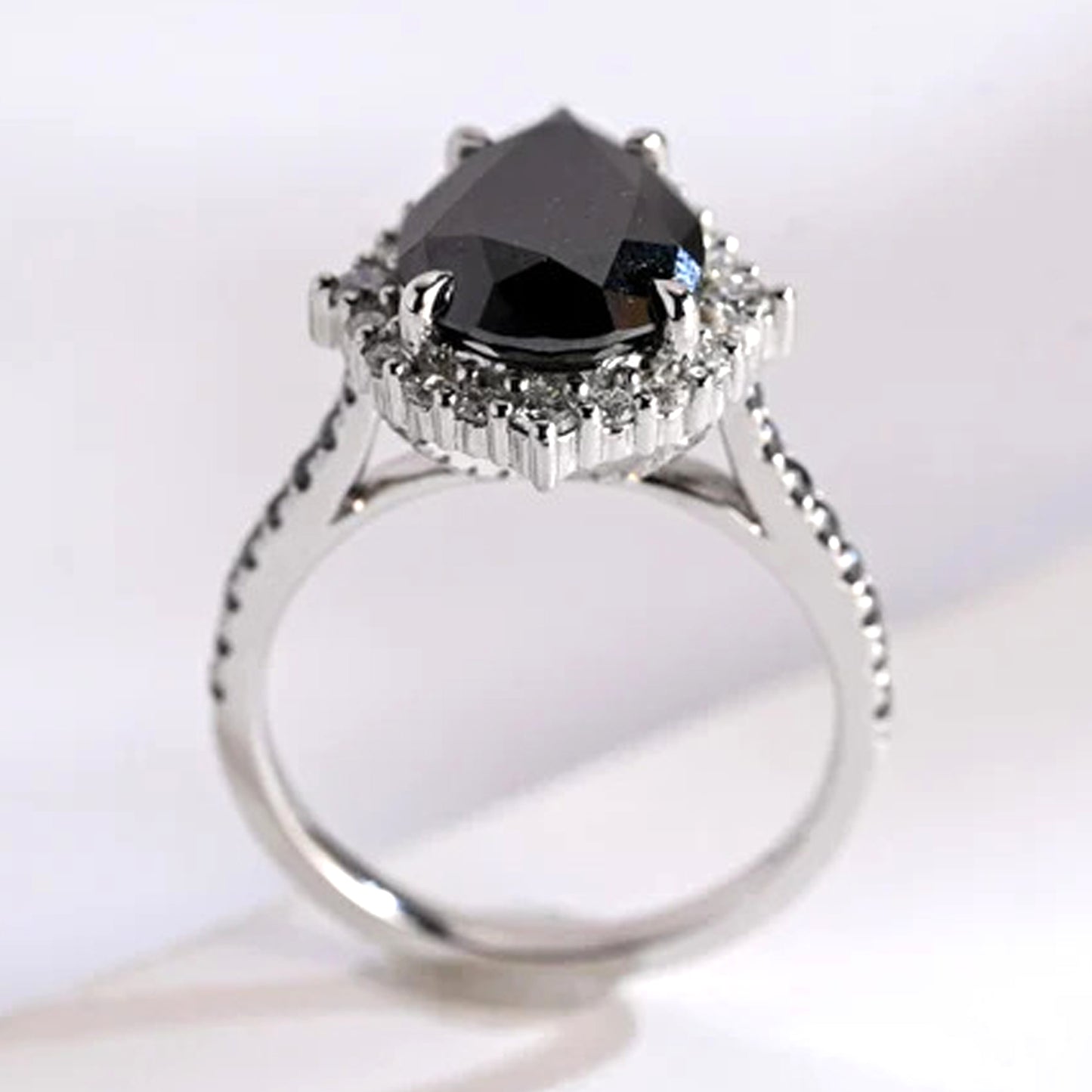 14k White Gold Black Diamond Pear Shaped Ring