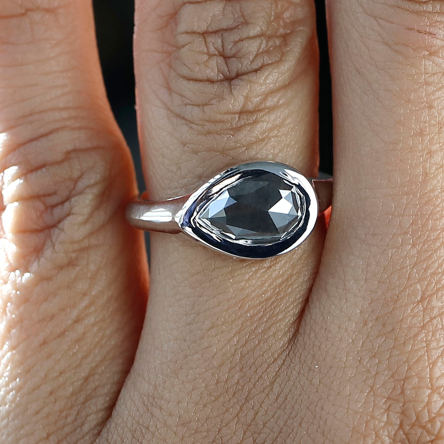 1.79 CT Salt and Pepper Nature Inspired Pear Diamond Ring With East West Bezel Setting