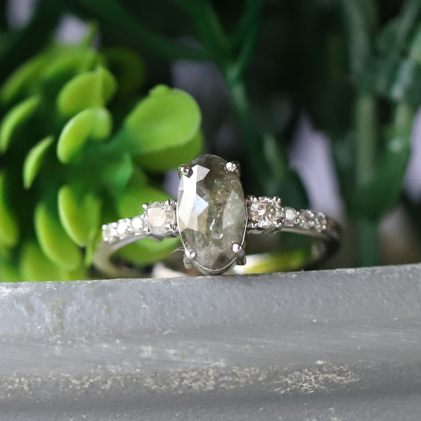 Salt and Pepper Oval Diamond Ring