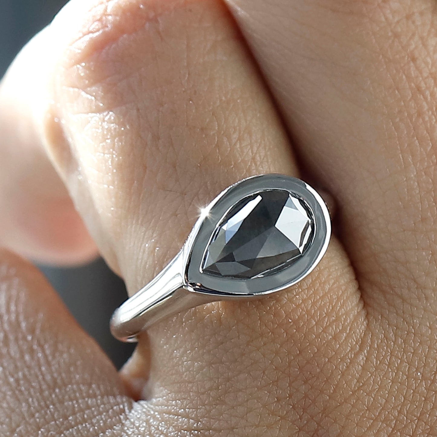 1.79 CT Salt and Pepper Nature Inspired Pear Diamond Ring With East West Bezel Setting