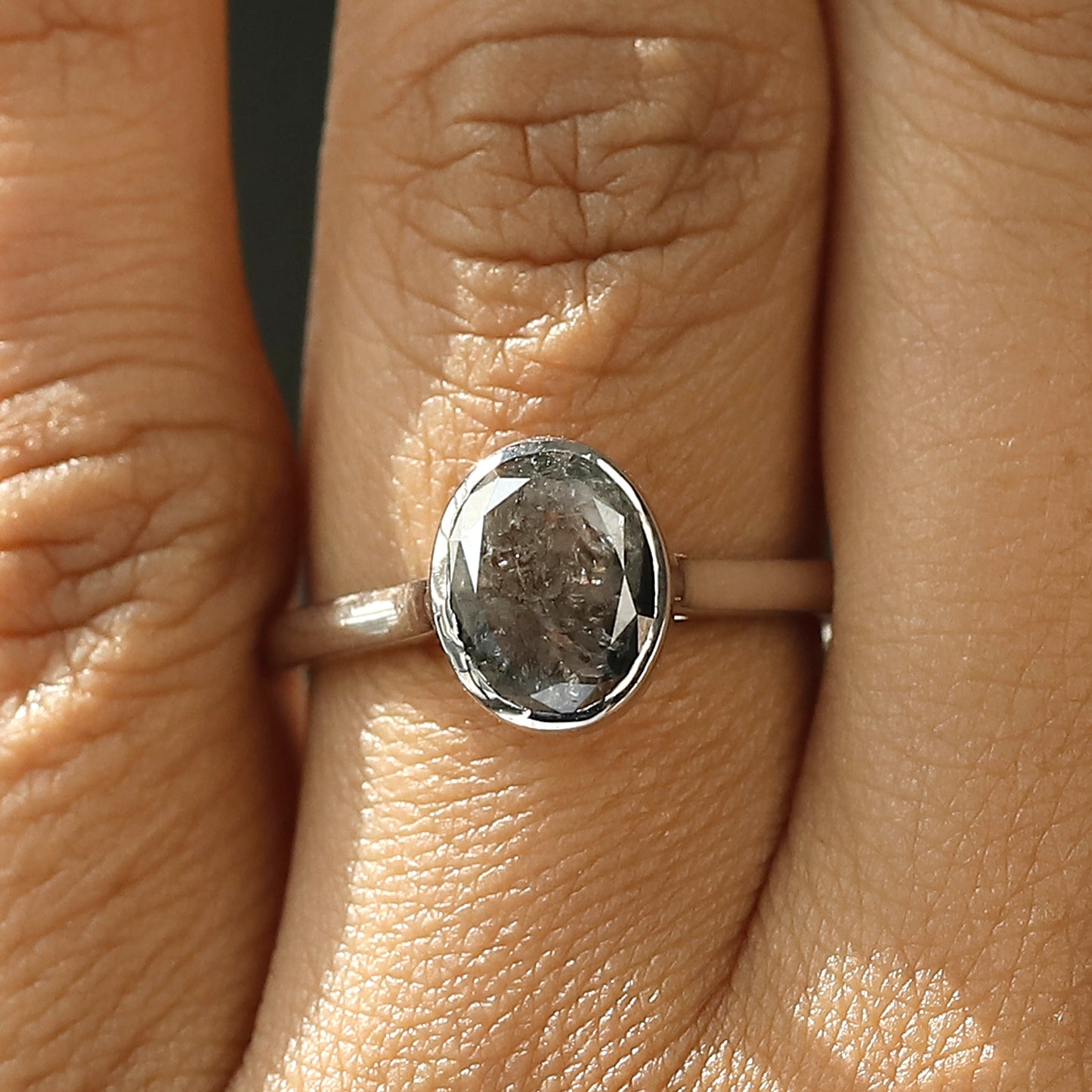 Oval Cut Salt and Pepper Diamond Ring For Her