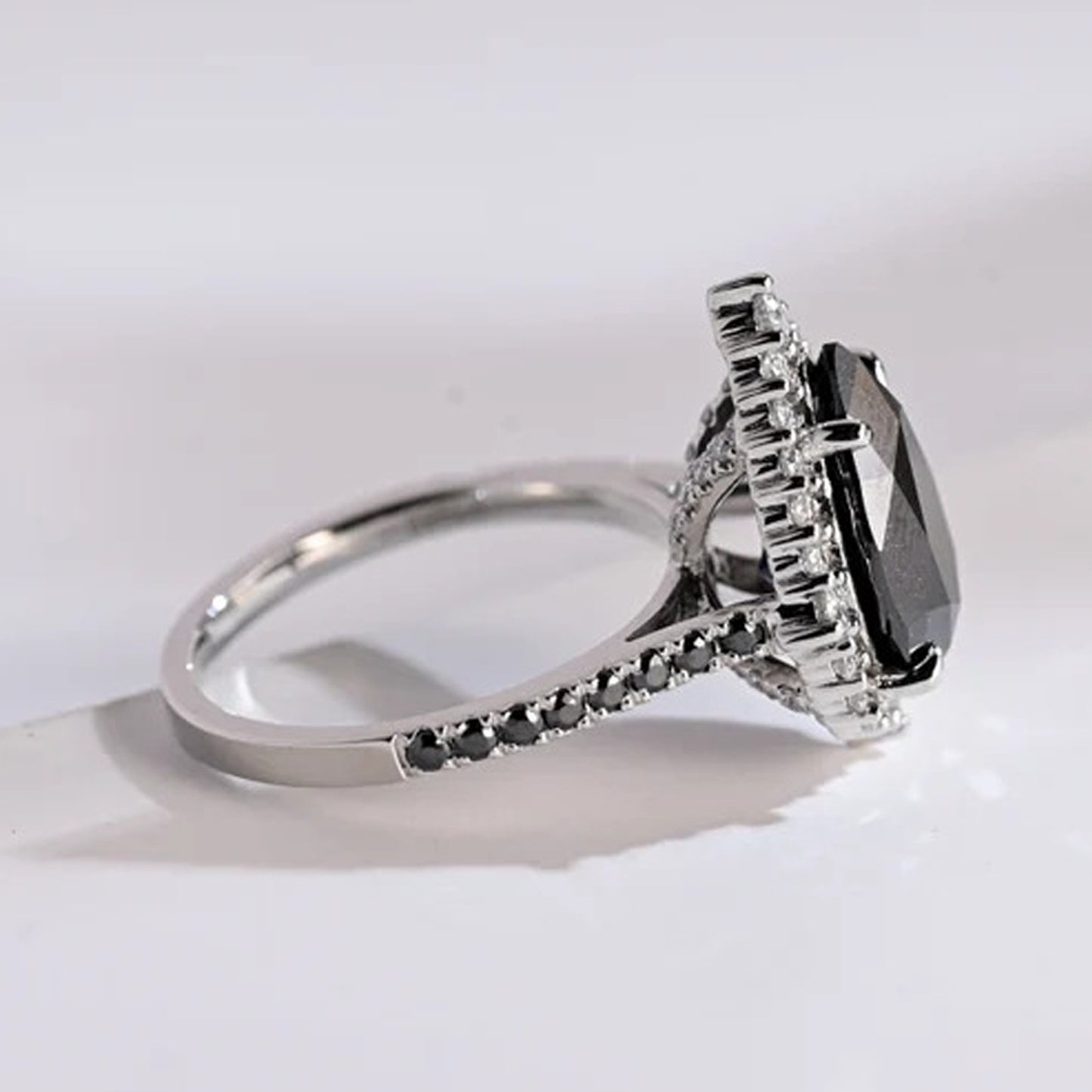 14k White Gold Black Diamond Pear Shaped Ring