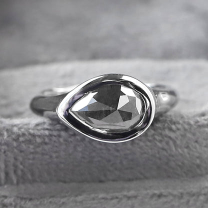 1.79 CT Salt and Pepper Nature Inspired Pear Diamond Ring With East West Bezel Setting