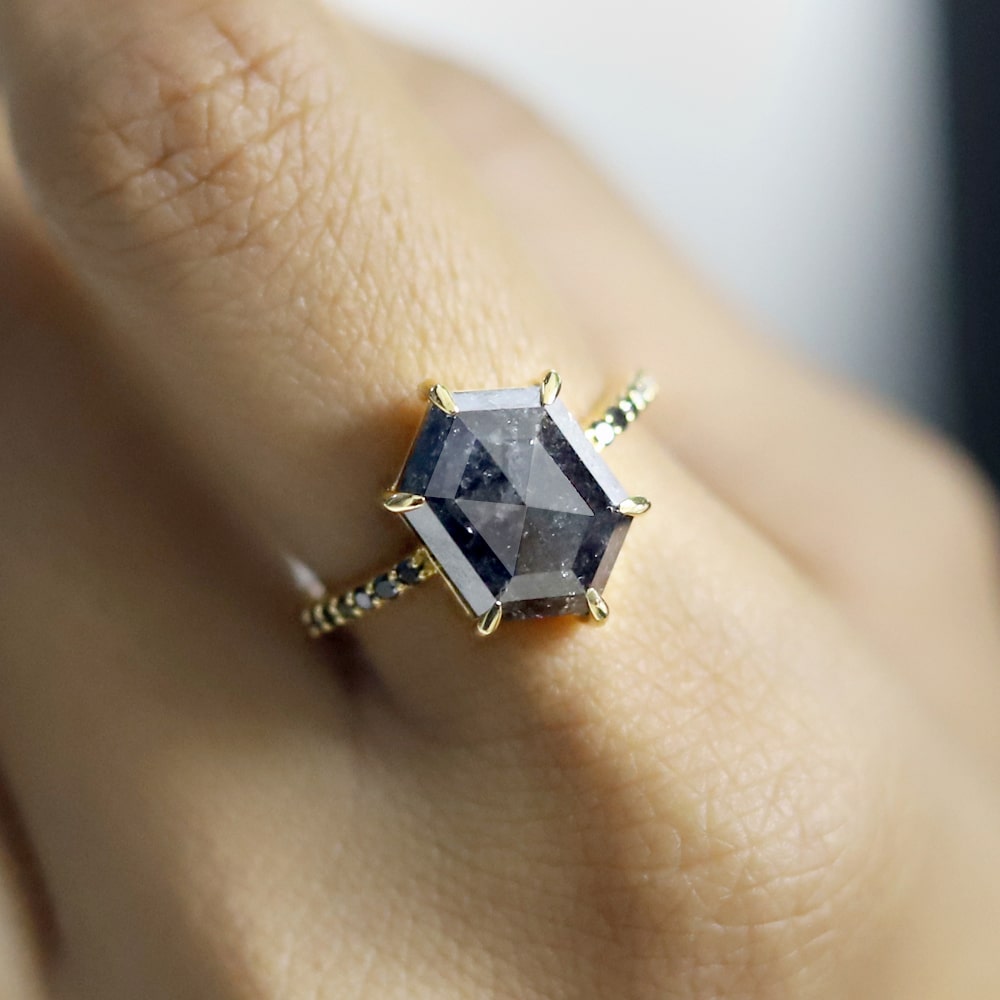 Hexagon Salt and Pepper Diamond Ring