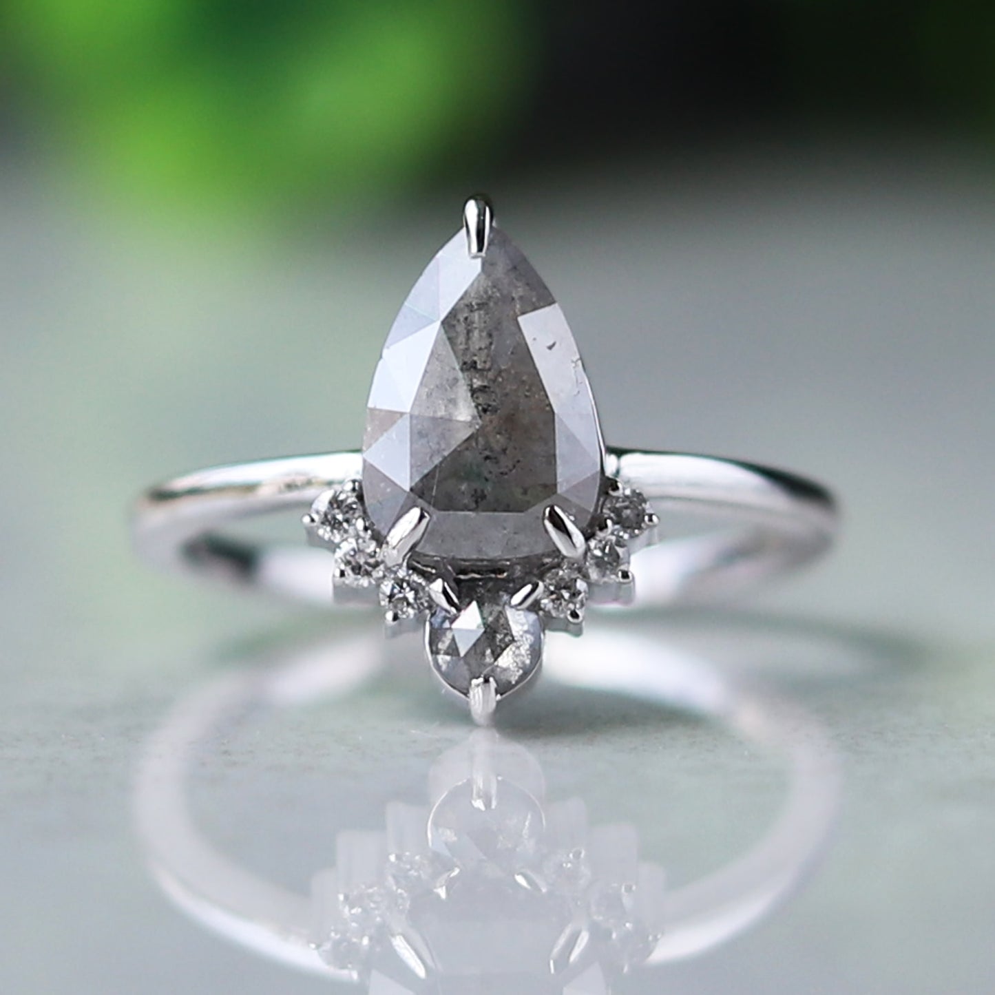 Salt and Pepper Pear Sunburst Diamond Ring