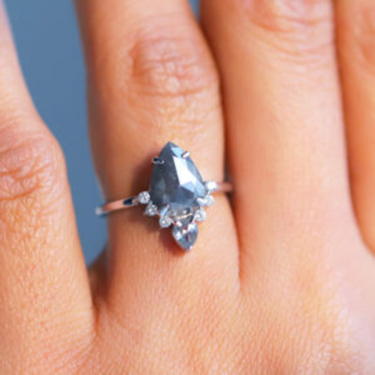 salt and pepper pear engagement ring