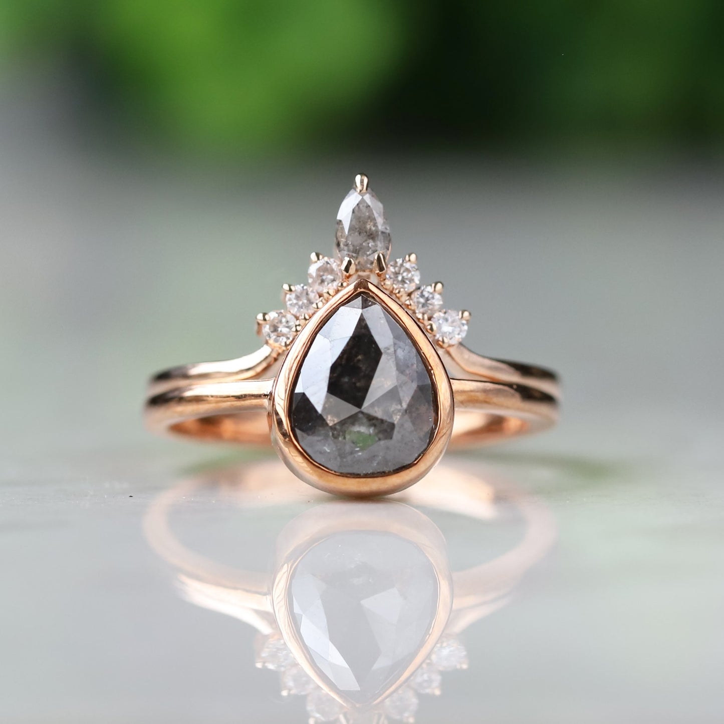 Salt and Pepper Pear Shape Diamond Ring