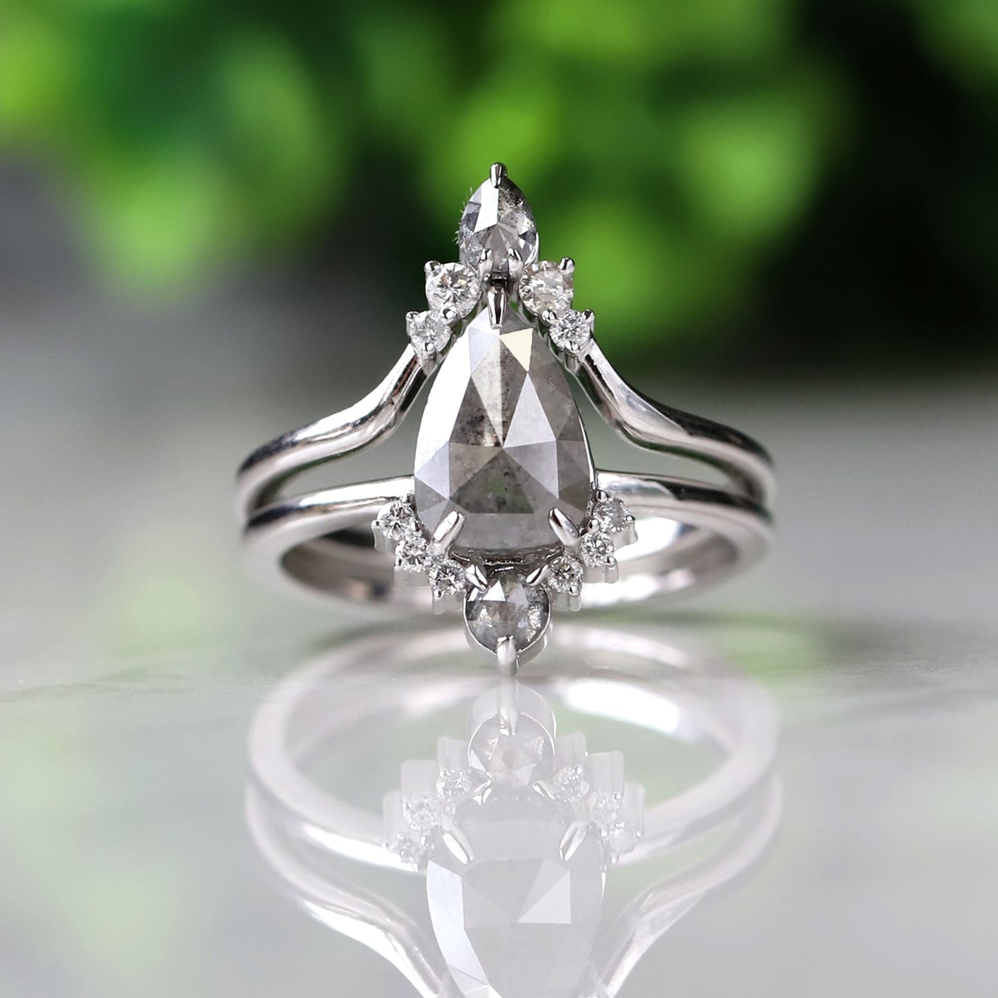 Salt and Pepper Pear Sunburst Diamond Ring