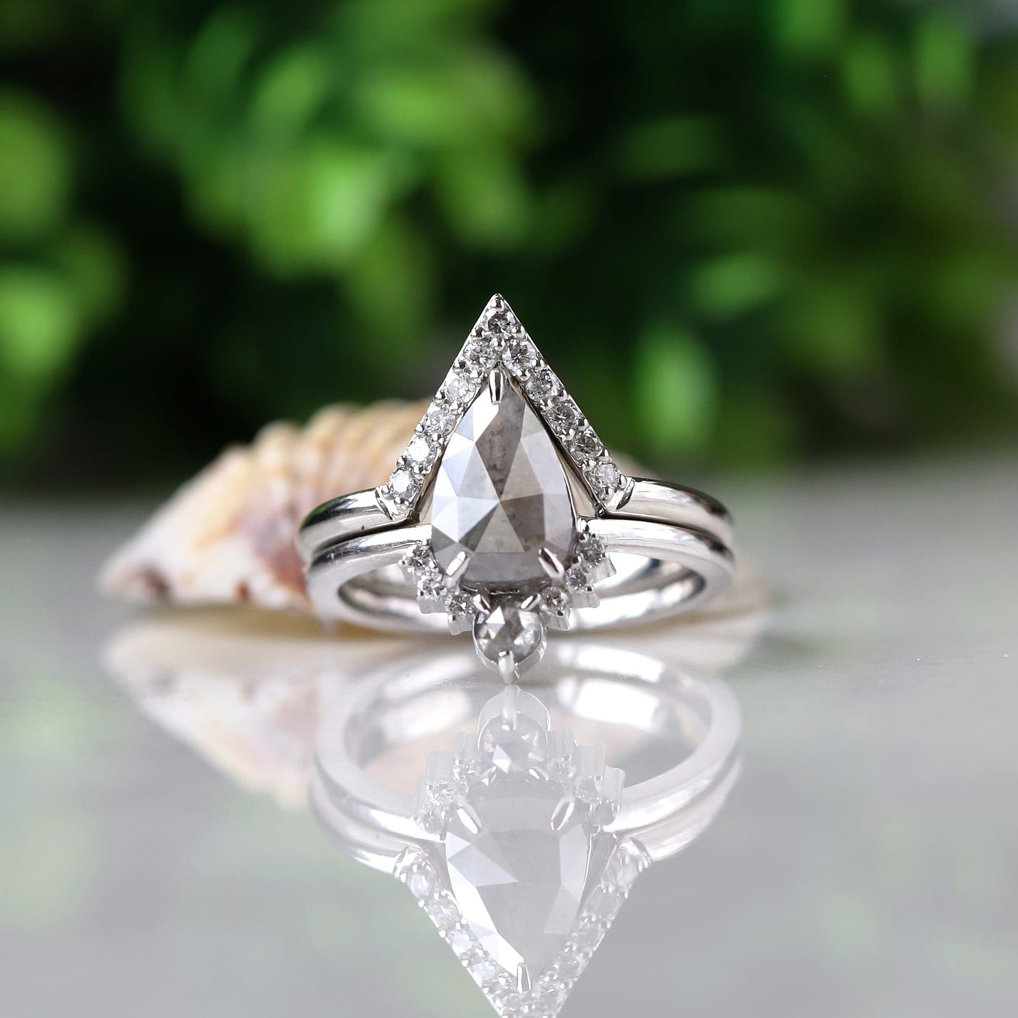 Salt and Pepper Pear Sunburst Diamond Ring