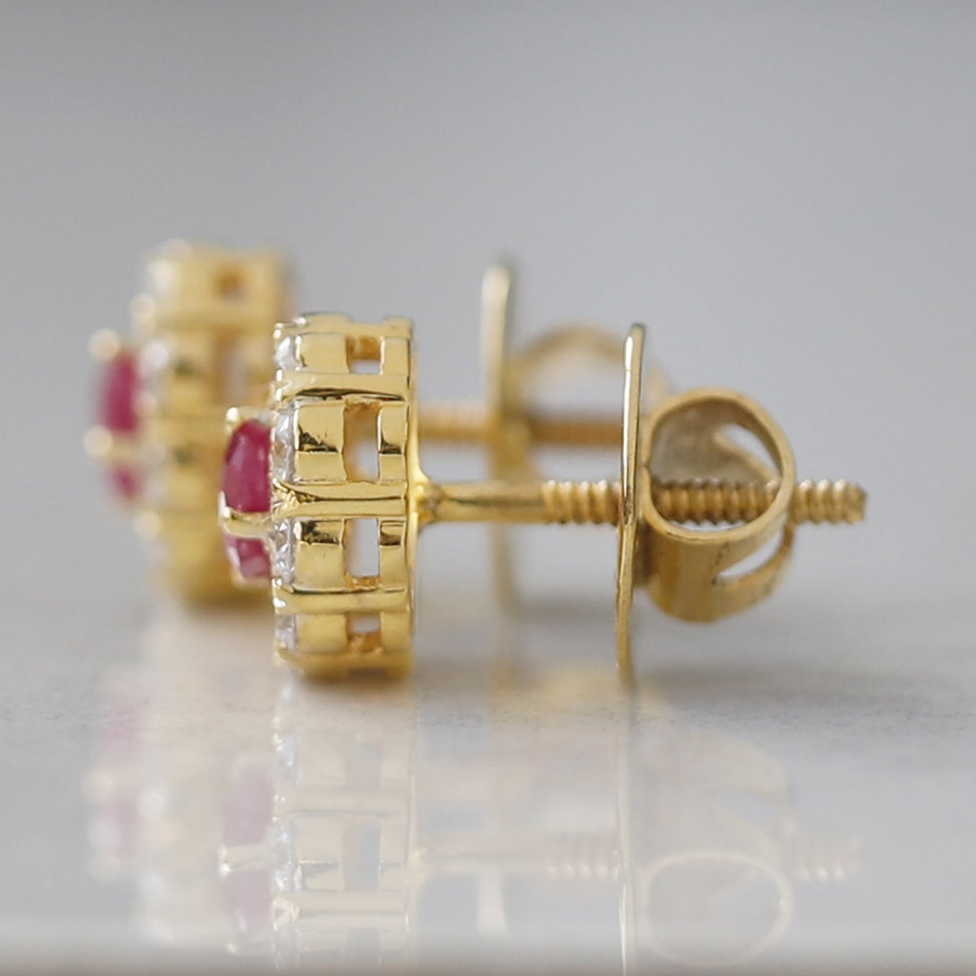 14 K Yellow Gold Ruby Earrings Available For Sale Rustic and Gold