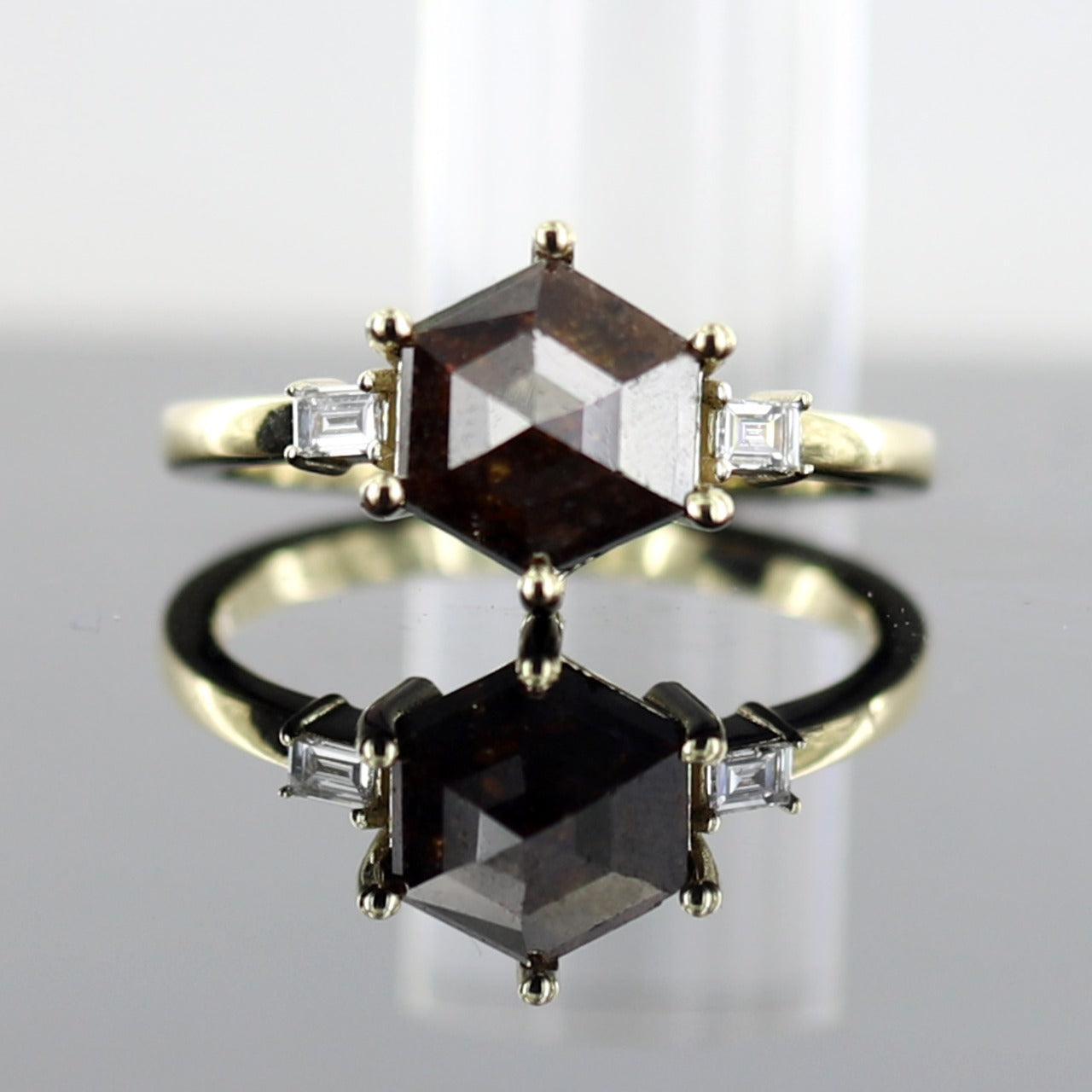 Hexagon Diamond Ring With Side Baguette Diamond, Rustic Diamond Rings