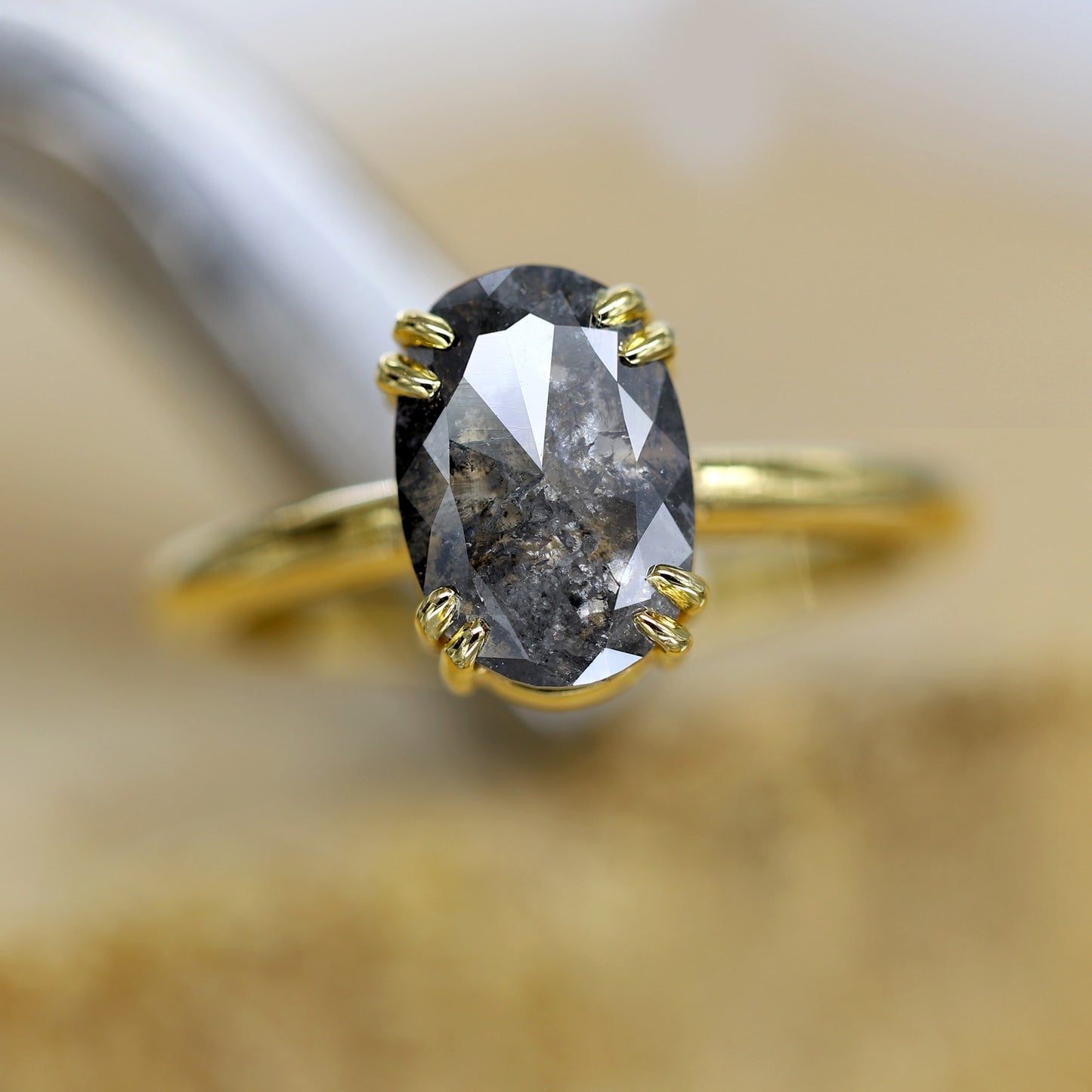 14 k Yellow Gold Oval Salt and Pepper Diamond Ring